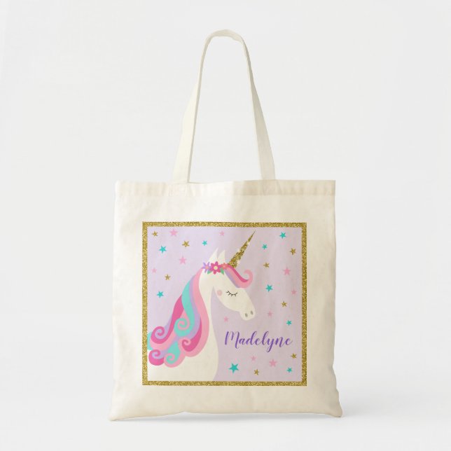 Cute Unicorn Stars Glitter Purple Tote Bag (Front)