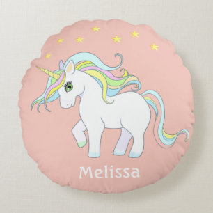 Cute Unicorn & Stars on Light Coral Pink Round Cushion