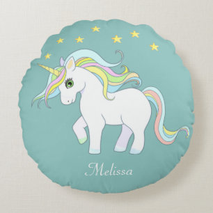 Cute Unicorn & Stars on Light Teal Round Pillow