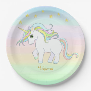 Cute Unicorn & Stars on Pastel Colours Paper Plate
