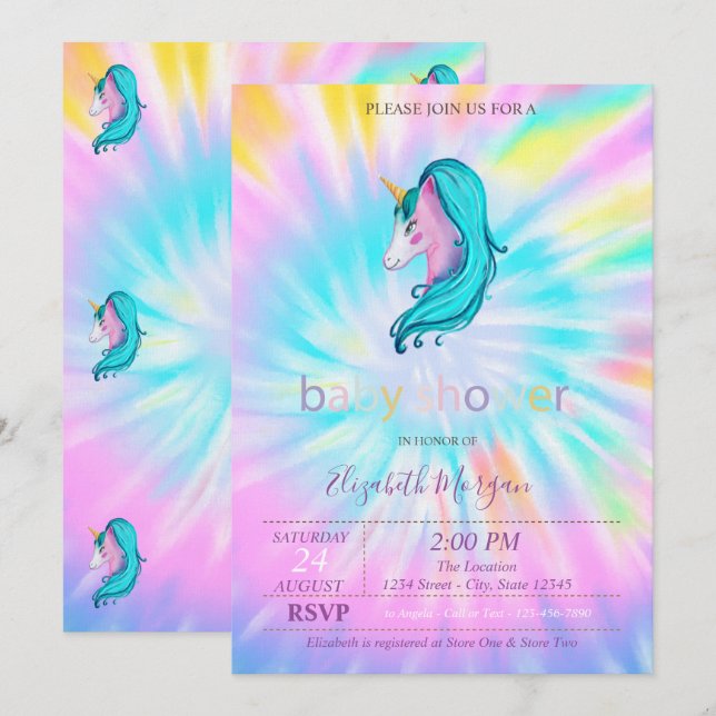 Cute Unicorn Stars Tie Dye Baby Shower Invitation (Front/Back)
