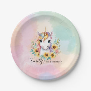 Cute Unicorn Sunflower 1st Birthday Paper Plate