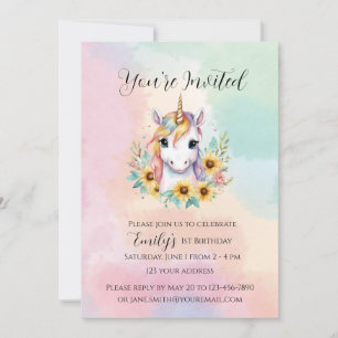 Cute Unicorn Sunflower Simple 1st Birthday Invitation