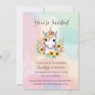 Cute Unicorn Sunflower Simple 1st Birthday Invitation