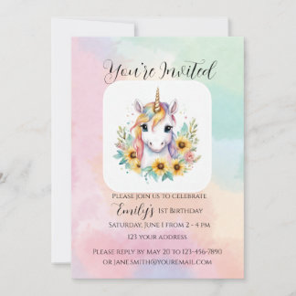 Cute Unicorn Sunflower Simple 1st Birthday Invitation