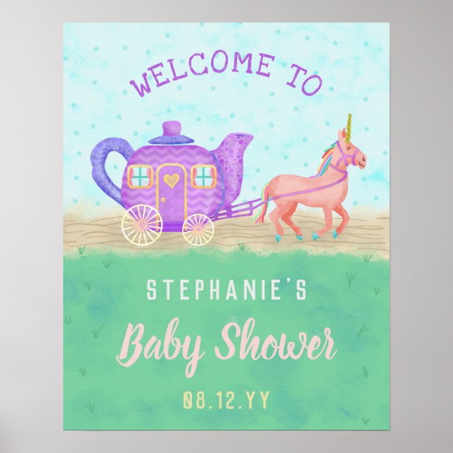 Cute Unicorn Tea Party Baby Shower Chariot Poster (Front)