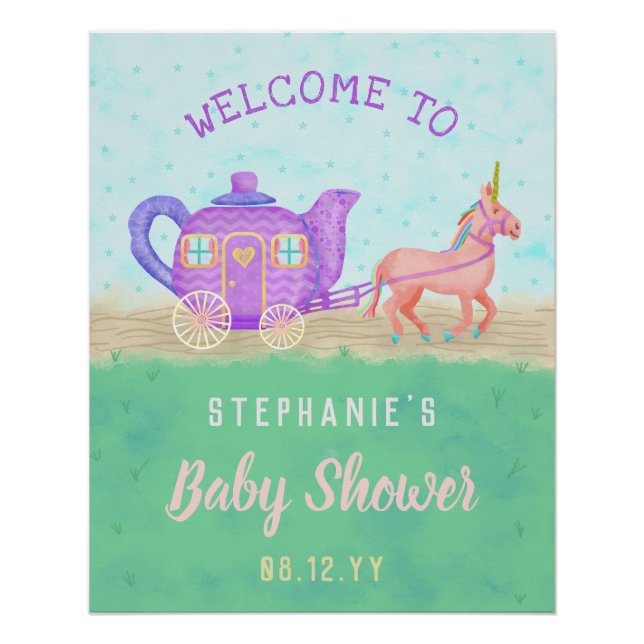 Cute Unicorn Tea Party Baby Shower Chariot Poster (Front)