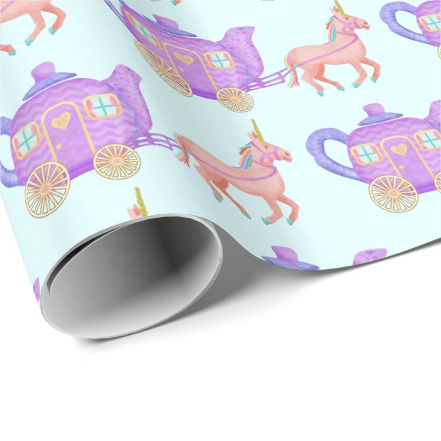 Cute Unicorn Tea Party Baby Shower Chariot Wrapping Paper (Roll Corner)