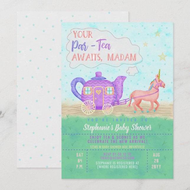 Cute Unicorn Tea Party Baby Shower Invitation (Front/Back)