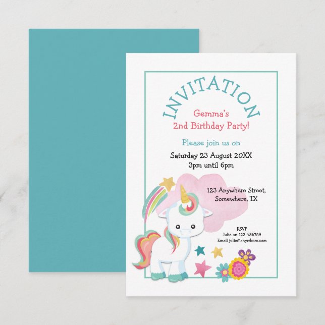Cute Unicorn Teal Pink Child Birthday Party Invitation (Front/Back)