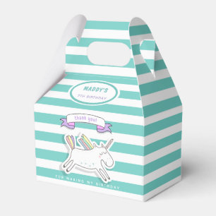 Cute Unicorn Teal Striped Kids Birthday Favor Box