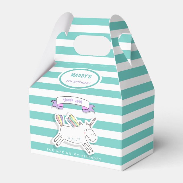 Cute Unicorn Teal Striped Kids Birthday Favour Box (Front Side)