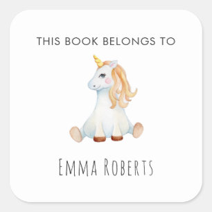 Cute Unicorn 'This Book Belongs' Kids Bookplate Square Sticker