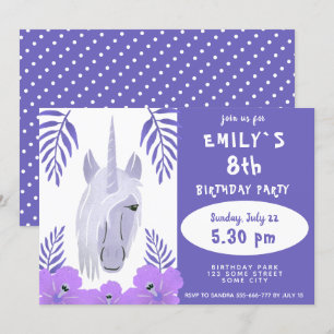Cute Unicorn Tropical Flowers Girl Birthday Invitation