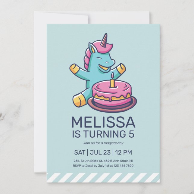 Cute Unicorn Turning One Cake Birthday Invitation (Front)