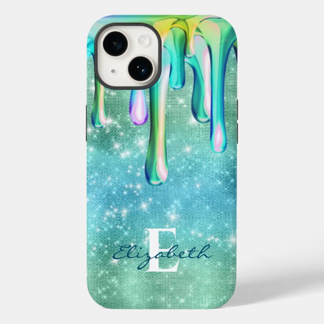 Cute Unicorn Turquoise glitter drips Faux Glitter Case-Mate iPhone Case (Back)