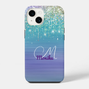 Cute Unicorn Turquoise Purple glitter Faux Glitter iPhone 14 Case