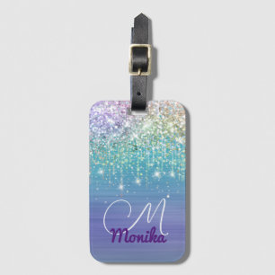 Cute Unicorn Turquoise Purple glitter Faux Glitter Luggage Tag