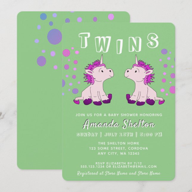 Cute Unicorn Twins 2 Baby Girls Baby Shower Invitation (Front/Back)