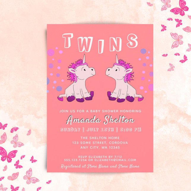 Cute Unicorn Twins 2 Baby Girls Baby Shower Invitation (Creator Uploaded)