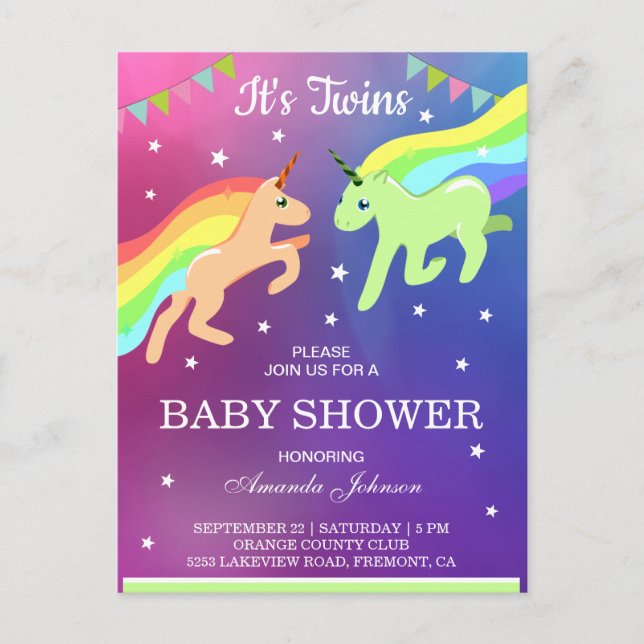 Cute Unicorn Twins Baby Shower Invitation Postcard (Front)