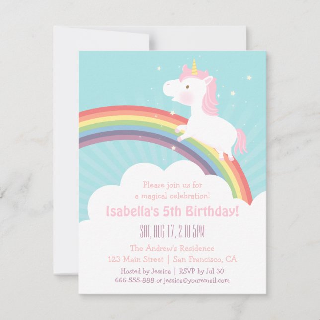 Cute Unicorn Up The Rainbow Girls Birthday Party Invitation (Front)