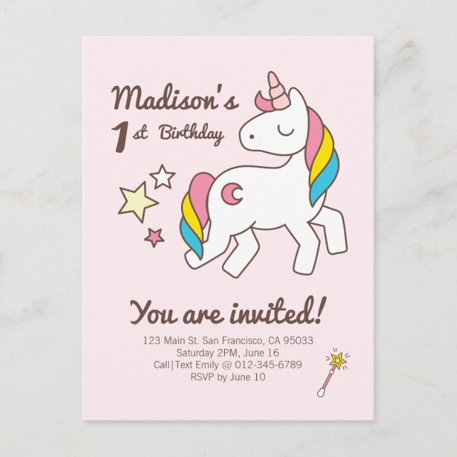 Cute Unicorn  Wand & Stars Birthday Invitation Postcard (Front)