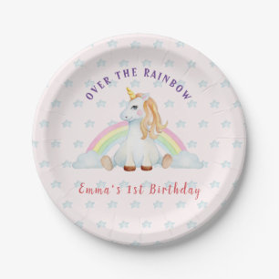 Cute Unicorn watercolor pink  1st Birthday Paper Plate