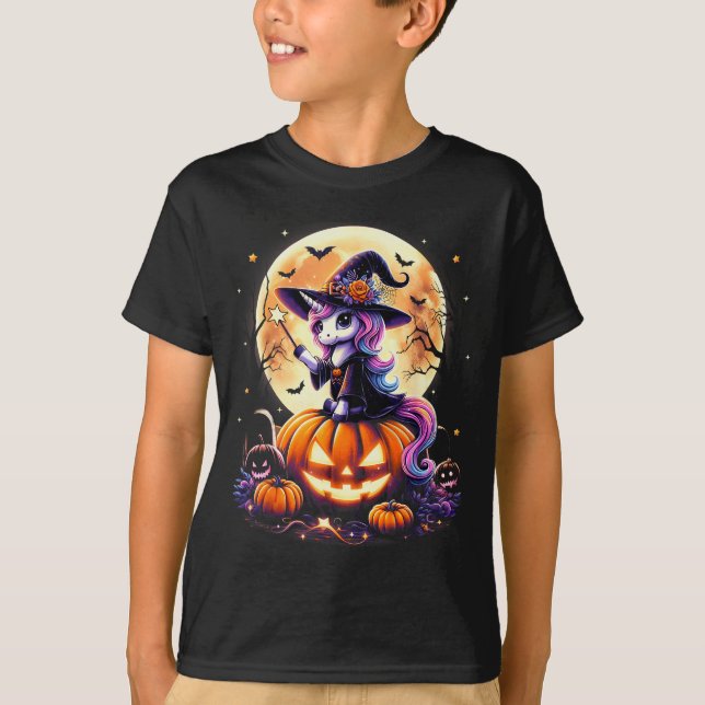 Cute Unicorn Witch Pumpkin Halloween Shirts Girls  (Front)