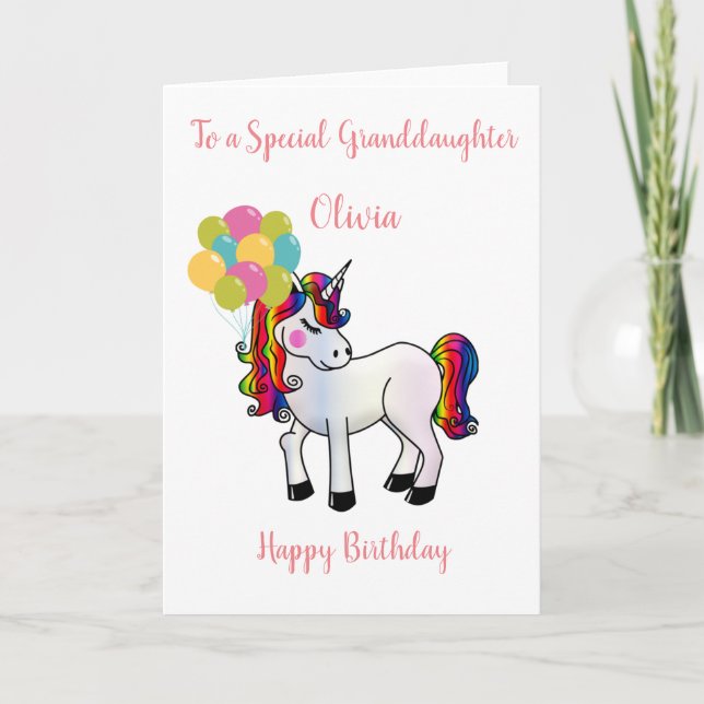 Cute Unicorn with Balloons Granddaughter Birthday Card (Front)