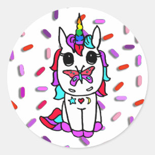 Cute Unicorn with Butterfly on Nose Candy Sprinkle Classic Round Sticker