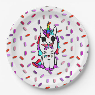 Cute Unicorn with Butterfly on Nose Candy Sprinkle Paper Plate