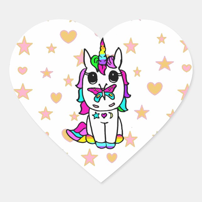 Cute Unicorn with Butterfly Stars and Hearts Heart Sticker (Front)