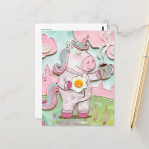 Cute Unicorn With Coffee and Egg Postcard