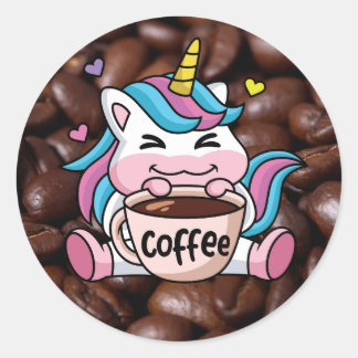 Cute Unicorn with Coffee Classic Round Sticker