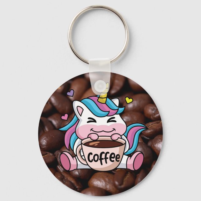 Cute Unicorn with Coffee Key Ring (Front)