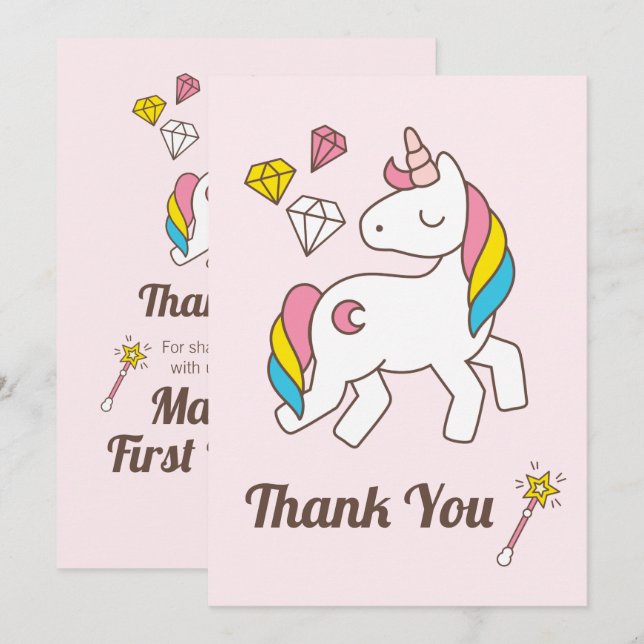Cute Unicorn with Cute Wand & Diamonds. Thank You Invitation (Front/Back)