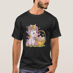 Cute Unicorn with Easter Basket Flower Eggs Easter T-Shirt