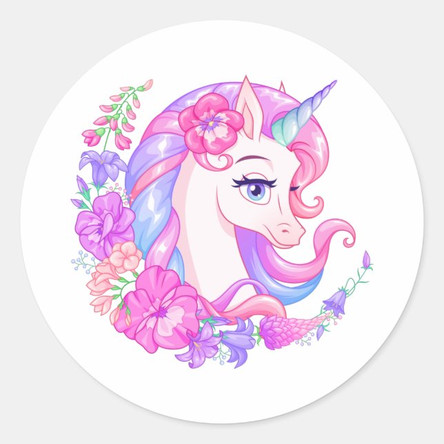 Cute Unicorn with Flowers Classic Round Sticker (Front)