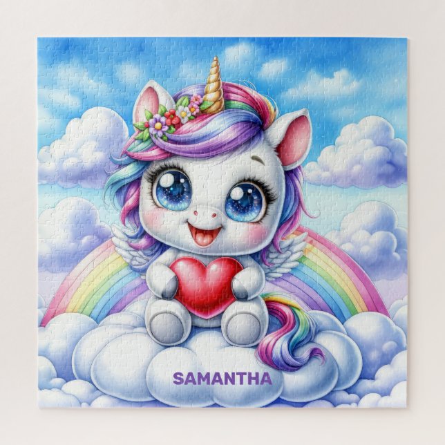 Cute unicorn with heart on a cloud and rainbow jigsaw puzzle (Vertical)