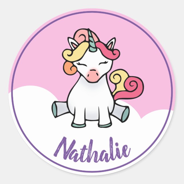 Cute unicorn with name classic round sticker (Front)
