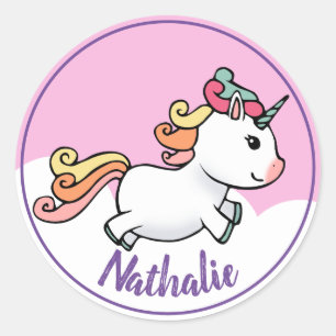 Cute unicorn with name classic round sticker