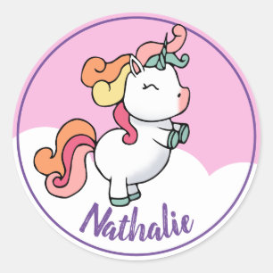 Cute unicorn with name classic round sticker
