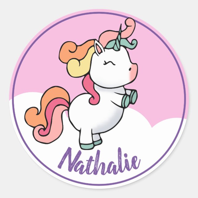 Cute unicorn with name classic round sticker (Front)
