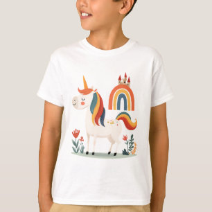 Cute Unicorn with Rainbow and Castle – fantasy kid T-Shirt