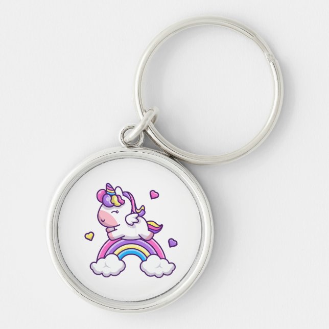 Cute Unicorn With Rainbow Cartoon Key Ring (Front)