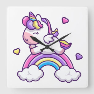 Cute Unicorn With Rainbow Cartoon Square Wall Clock