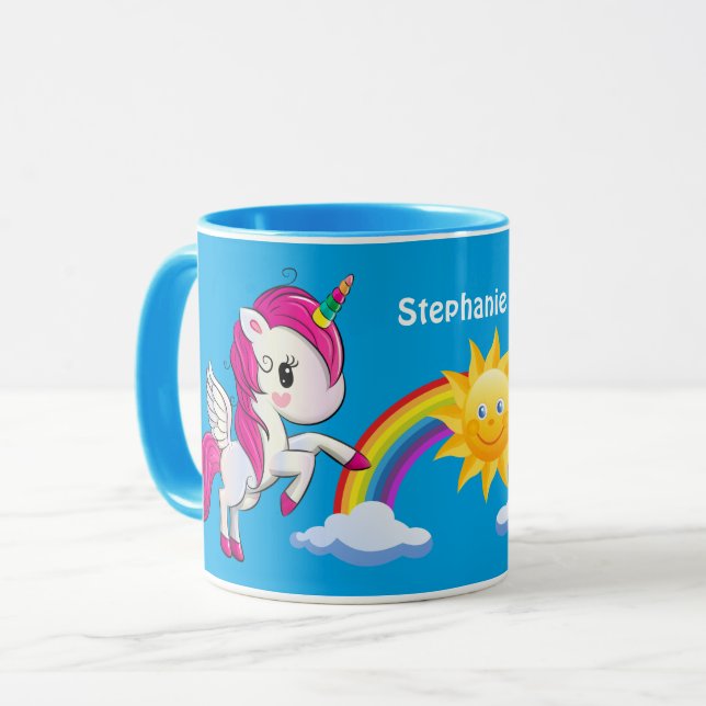 Cute Unicorn With Rainbow & Sun Personalised Blue Mug (Front Left)