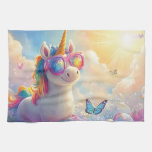 Cute Unicorn with Sunglasses: Magical and Fun Tea Towel