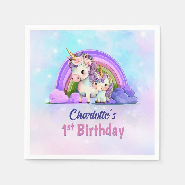 Cute Unicorns 1st Birthday Party Napkin (Front)